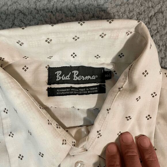 Bud Berma Men’s Button Up Shirt Short Sleeve White Pattern Large *mark pictured - Picture 2 of 7
